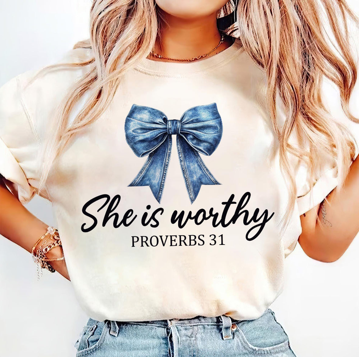 She Is Worthy Blue Bow Proverbs 31