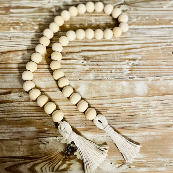 Wood Bead Garland/White Tassel - Home Scape Plus
