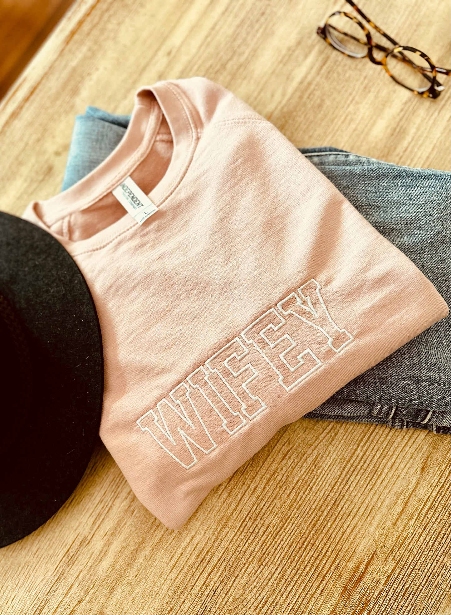 Embroidered "WIFEY" Crewneck Sweater