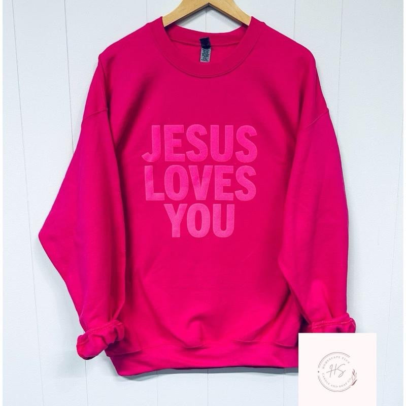 Jesus Loves You Puff Print Crew Sweatshirt