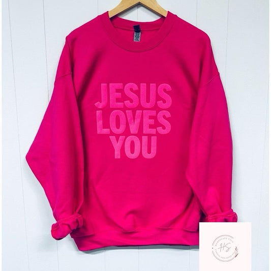 Jesus Loves You Puff Print Crew Sweatshirt